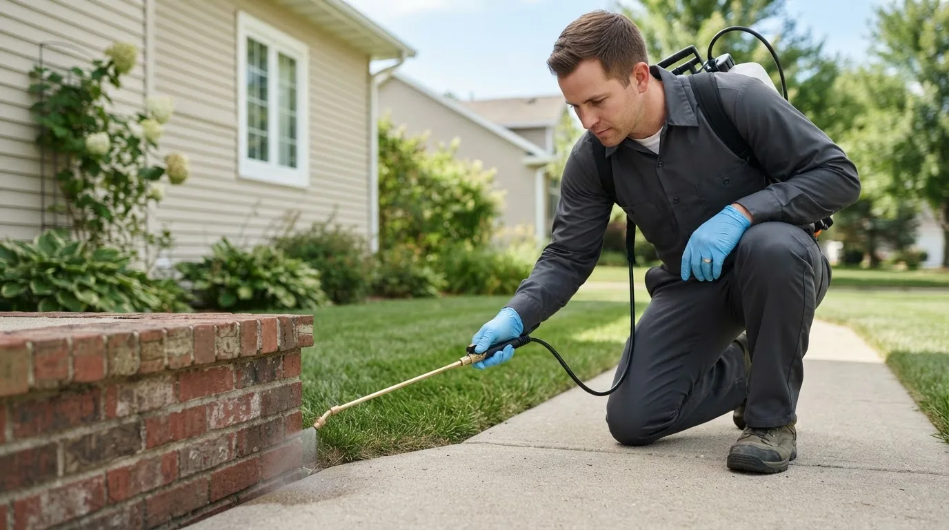 Pest control technician treating a home near Sheakleyville, PA