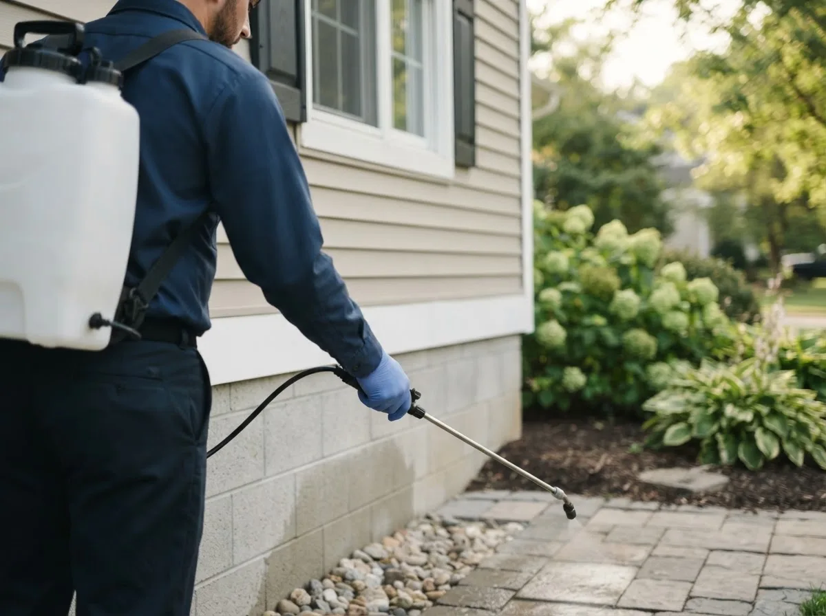 Pest control technician inspecting a home in Sheakleyville, PA